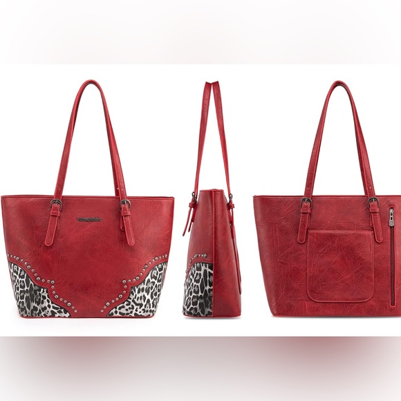 Montana West Tote Shoulder Bag with Wristlet Red and Leopard Print - Picture 4 of 6